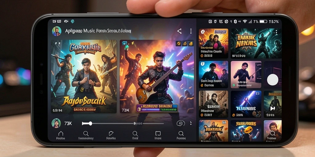 Screenshot gameplay 73K menampilkan pengguna yang bernyanyi dengan penuh semangat.