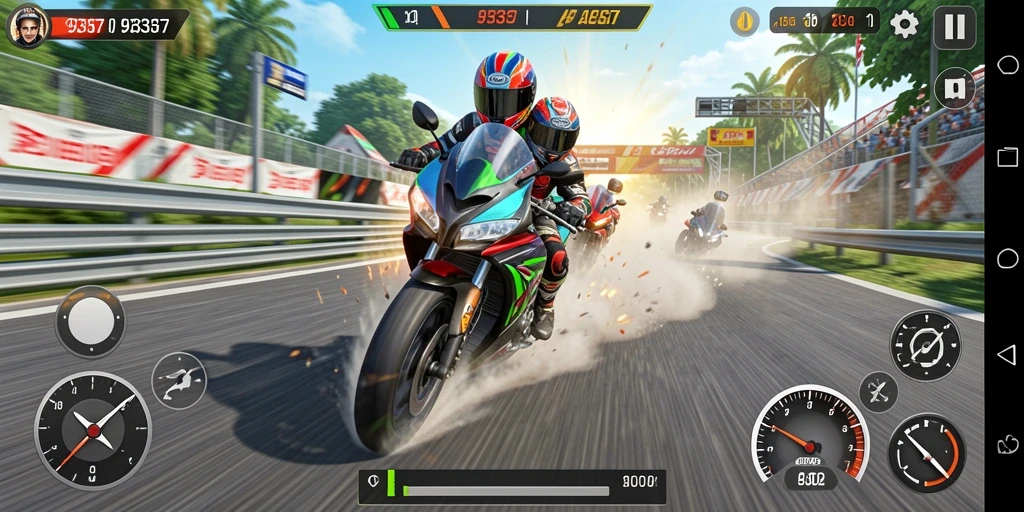 Screenshot menampilkan balapan motor seru di trek yang menantang.