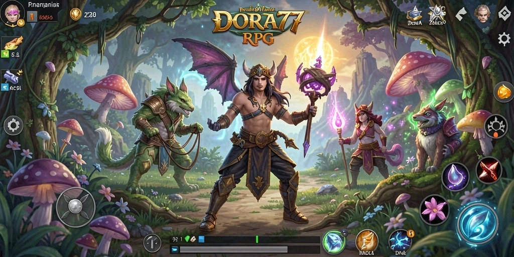 Screenshot menunjukkan aksi seru dalam petualangan RPG DORA77.