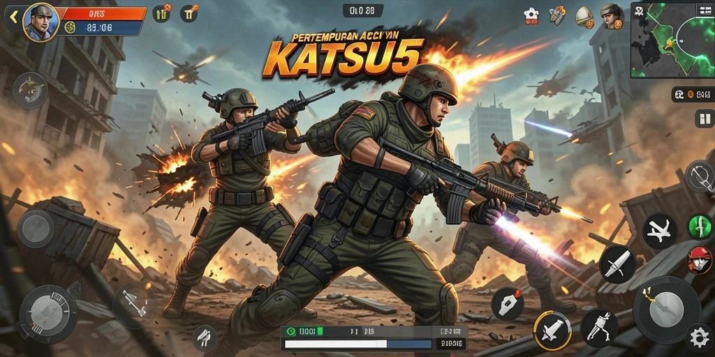 Tampilan gameplay KATSU5 yang menegangkan dan penuh aksi.