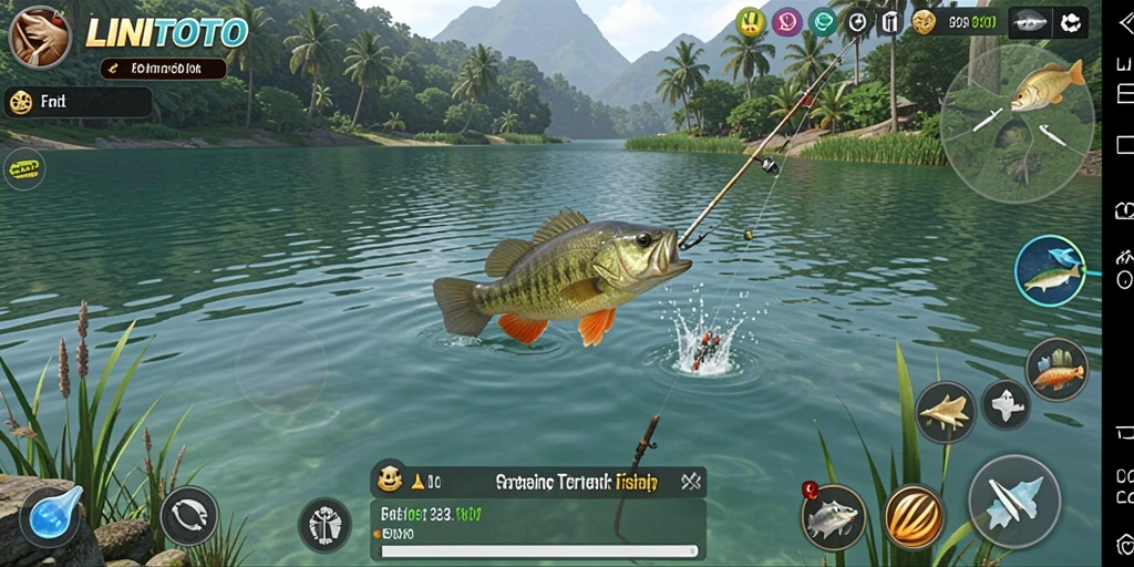 Gameplay seru saat memancing di LINITOTO dengan tampilan suasana alam.