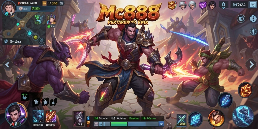 Tangkapan layar gameplay epik MC888 yang menampilkan pertempuran tim MOBA.