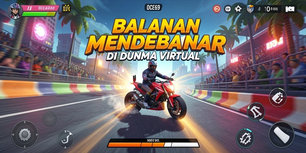 Screenshot gameplay OCE69 yang menunjukkan balapan seru di lintasan.