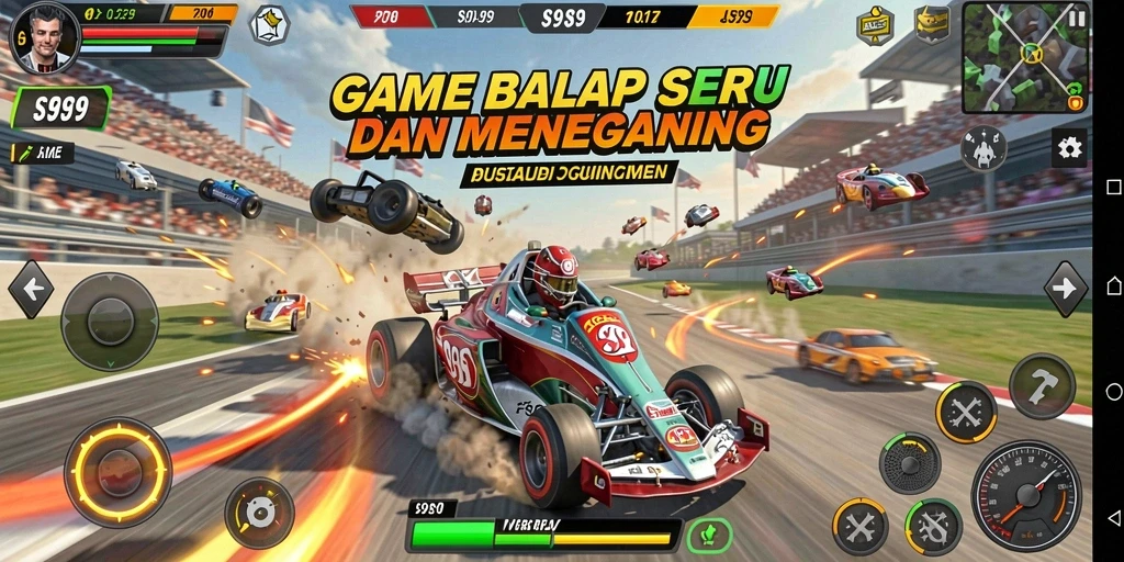 Gameplay balap intens dengan mobil cepat dan lintasan menantang.