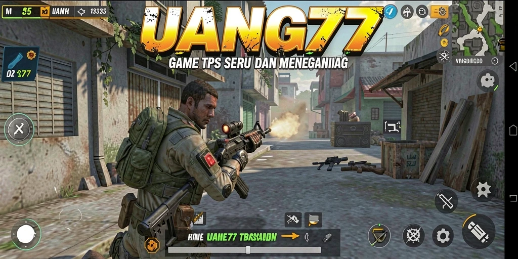 Screenshot utama UANG77 menampilkan aksi gameplay TPS yang mendebarkan.