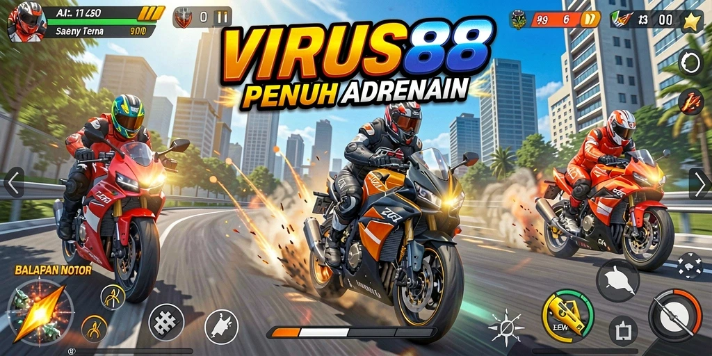 Tampilan gameplay balapan motor yang menegangkan di VIRUS88.