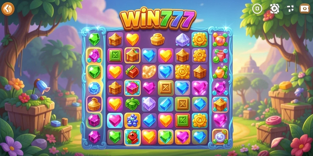Screenshot gameplay WIN777 menampilkan candu berwarna-warni yang sedang dicocokkan.